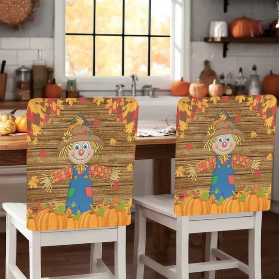 Thanksgiving Scare Crow Chair Covers Set of 4 Vintage Pumpkin Leaf Wood Texture Chair Back Covers Stretch Removable Washable Slipcovers Protector for Dining Room Kitchen Party Decor
