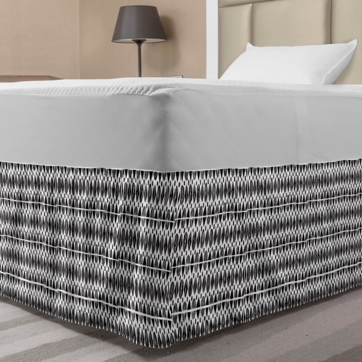 Black and White Bed Skirt, Horizontal Borders with Motifs Monochrome