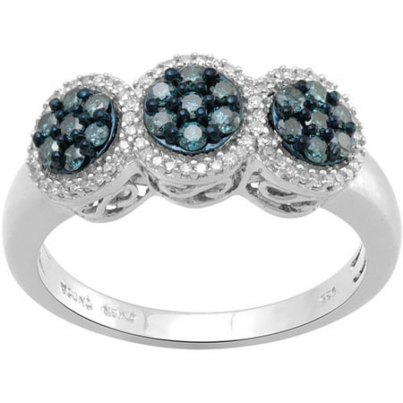 1/2 Carat T.W. Blue and White Diamond Three-Stone Composite Head Sterling Silver Ring