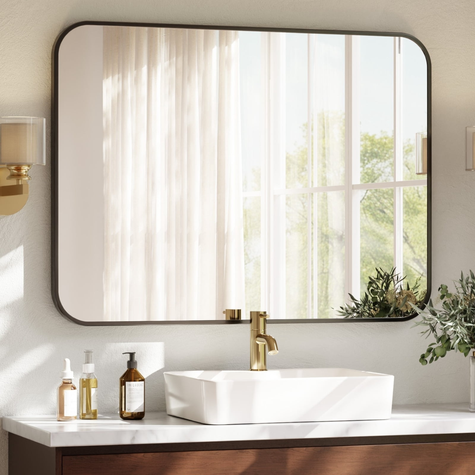 SHATTERVIEW 36"x48" Bathroom Mirror Large Rectangular Wall Mirror Metal Frame Rounded Corner Vanity Mirror,Black