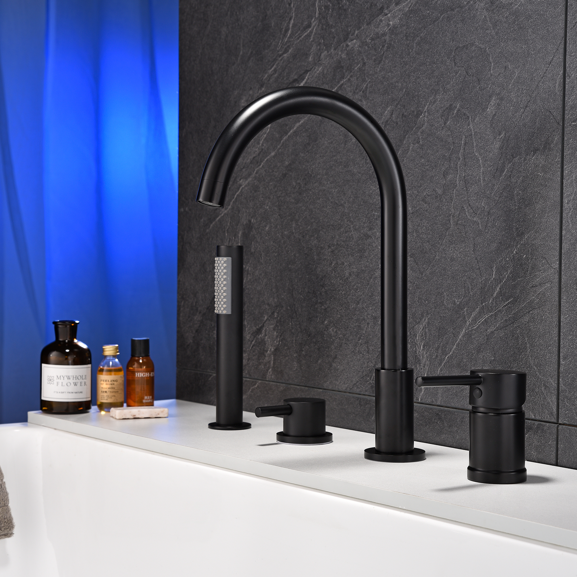 Classic Rotable 360 Degree Deck Mounted Four Holes Roman Bathtub Filler, Dual Handles Tub Faucet with Hand Held Spray