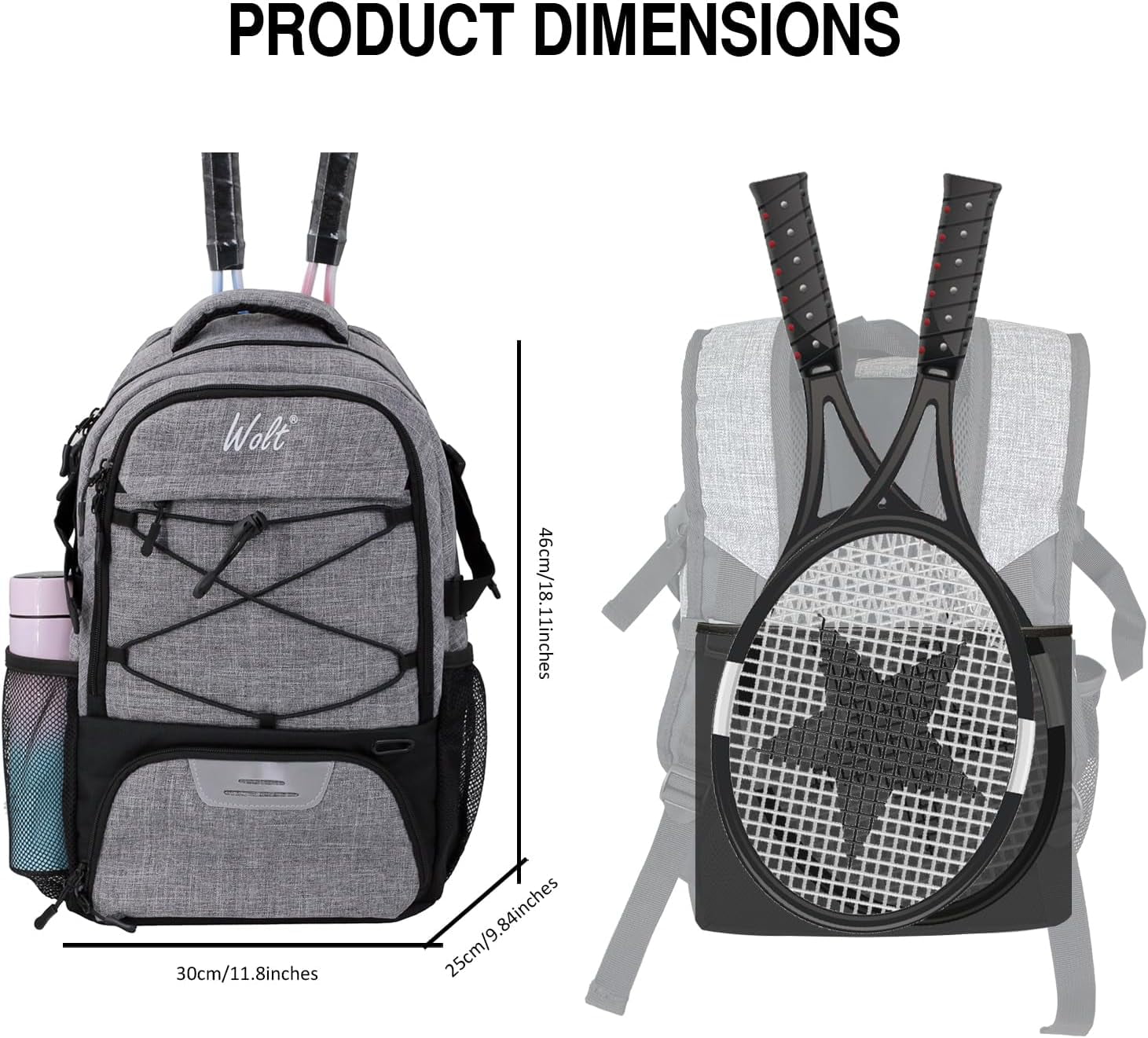 WOLT | Tennis Racket Bag--Men Ball Sports Racket Backpack Polyester Tennis Bag with Ventilated Shoe Compartment Gray