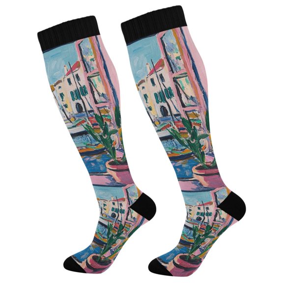 FORMRS Womens Knee High Socks Casual Long Thick Travel Daily Wear, 1 Pair, Blue Plants Window