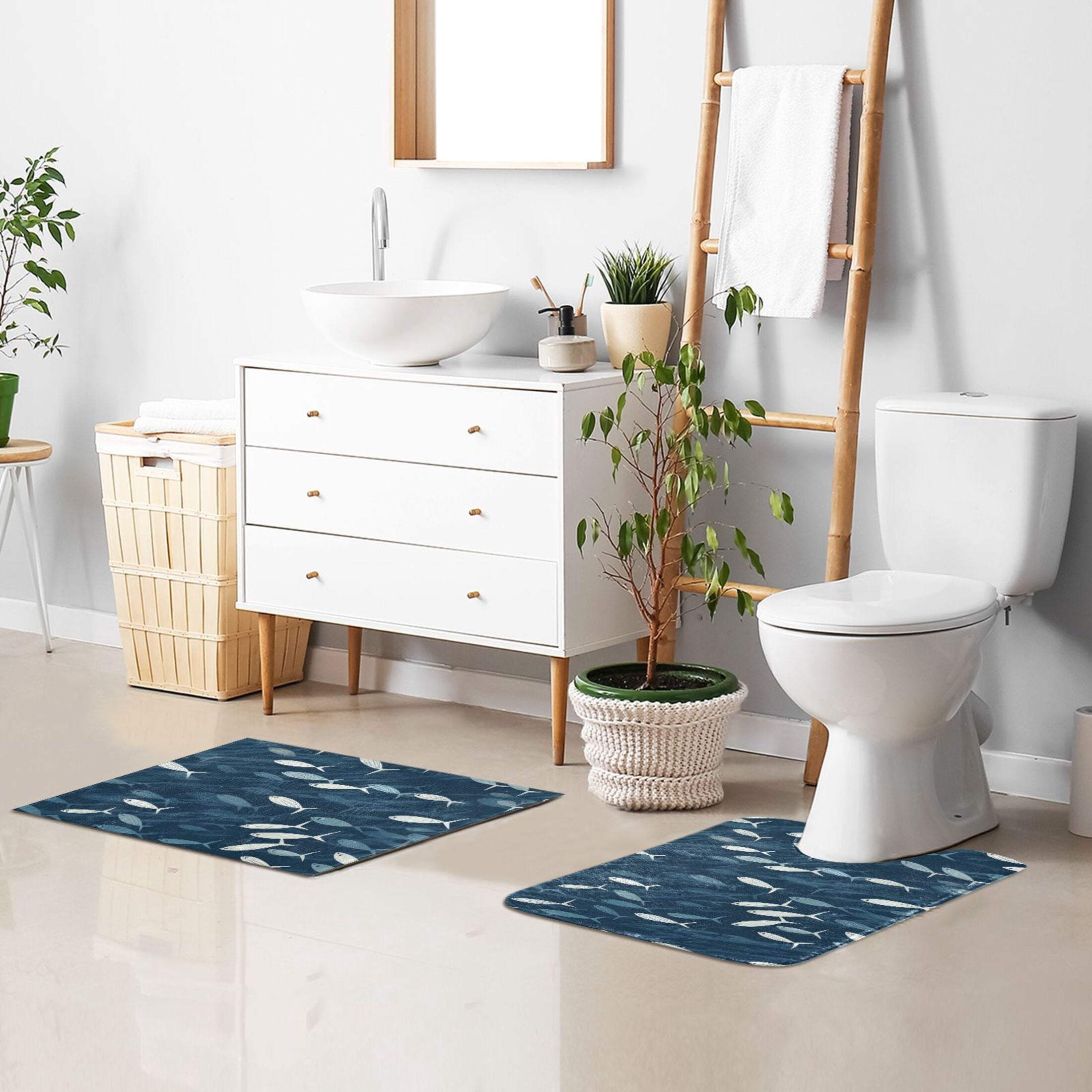 Toilet Rug Set Non-Slip Bathroom Rugs Soft Plush Machine Washable Contour Bath Mat Small Fish Swimming 24x20/24x16