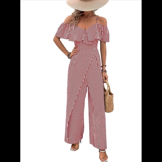 Plisados A Rayas para Mujer, Elegantes, de Verano, con Tirantes y Pantalones de Pierna , . Vino Tinto S