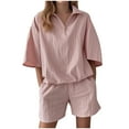 thumbnail image 3 of Jinhomg Two Piece Sets for Women Summer Sexy Solid Color Matching Set Outfits Zip Up Laple Short Sleeve Shorts Jogger Sets Pink,M, 3 of 7