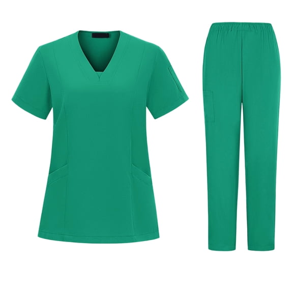 CIENVNSTG Scrubs for Women Set V Neck Short Sleeve T-Shirts Soft Stretch Solid Color Straight Leg Pants Green L