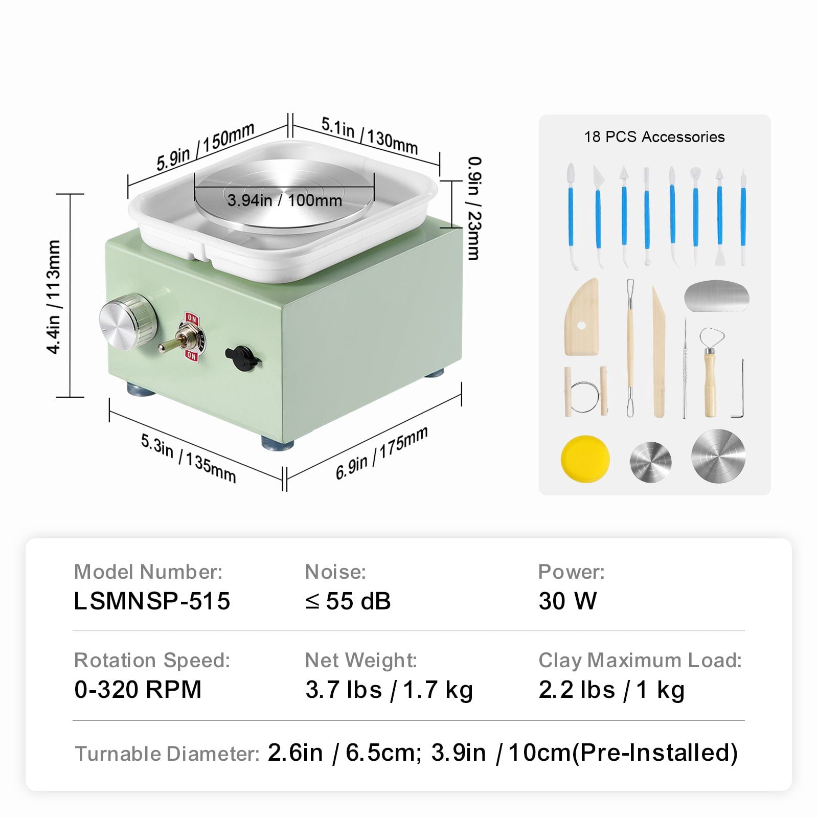 Pottery Wheel Mini 0-320 RPM Bidirectional Adjustable with 8 Carving Tools 8 Plastic Tools Apron for Kids Beginners