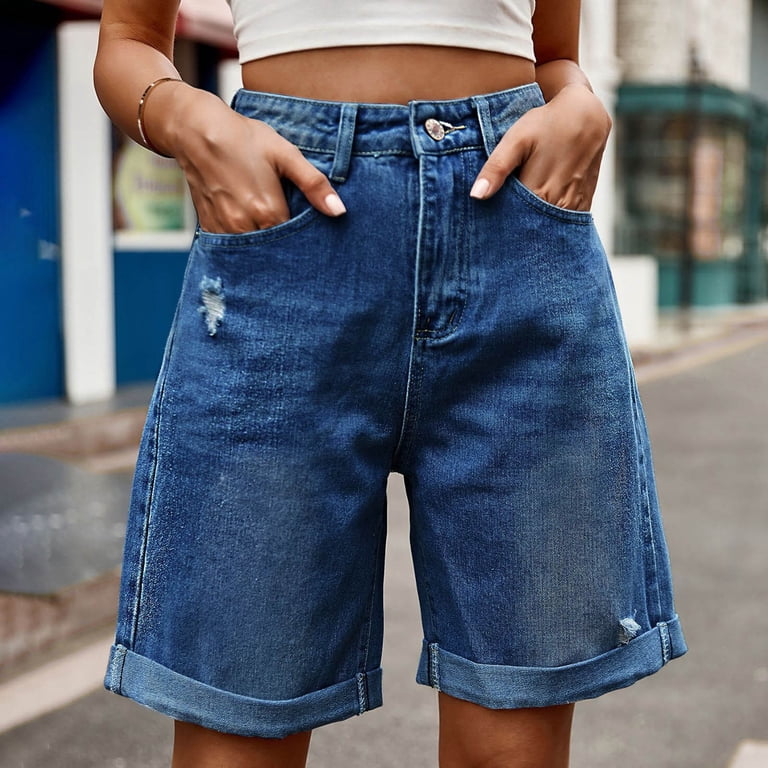 Women's Folded Hem Jean Shorts - Mid Rise Ripped Denim Shorts, Stretchy (Various Sizes) 1 thumbnail image