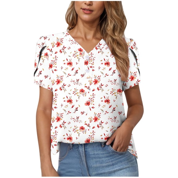 Youyipin Womens Tops Casual V Neck Floral Print Smocked Short Sleeve Chiffon Blouses Bohemian Summer Tops For Women