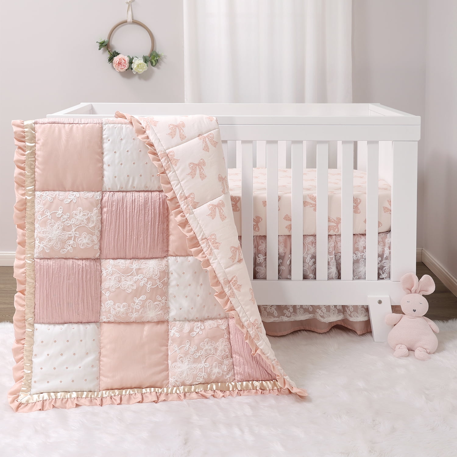 The Peanutshell 3-Piece Crib Bedding Set for Girls – Fitted Sheet, Dust Ruffle, Comforter – Pink Floral Nursery Decor, Grace