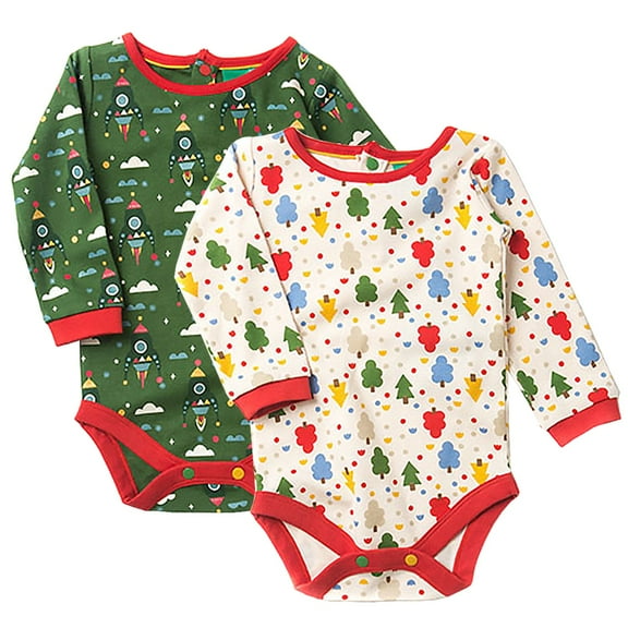 Organic Baby Clothes – Long Sleeve Onesie Bodysuit, Fairtrade Cotton (Forest / Rocket, 0-3 months)