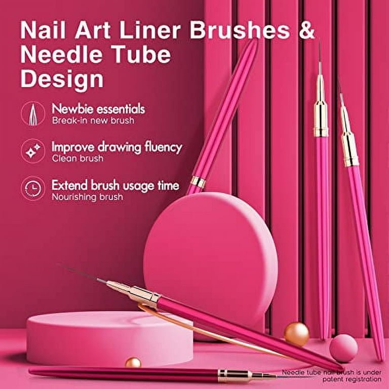 Nail Art Liner Brushes - Eptbsdu 5pc Nail Art Brushes for Long Lines, Liner Brush UV Gel Polish Painting Nail Design Brush Metal Handle Raspberry Red