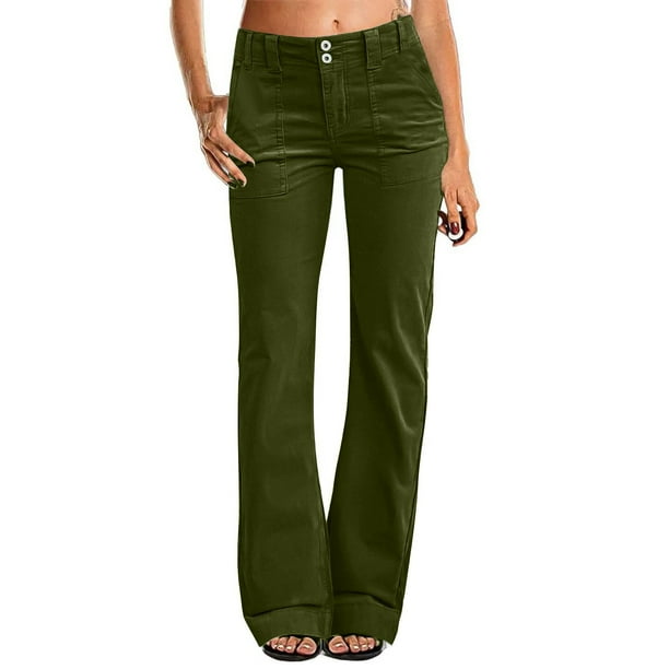 vestido de pierna ancha para mujer pantalones acampanados para mujer pantalones de cintura media con doble botón pantalones casuales de moda verde militar / m