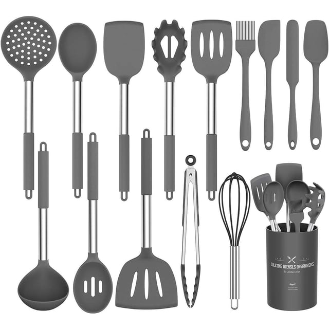 Juego de utensilios de cocina de silicona, juego de 15 piezas de utensilios de cocina Umite Chef, antiadherentes, resistentes al calor, sin BPA, mango de acero inoxidable, batidor, gris