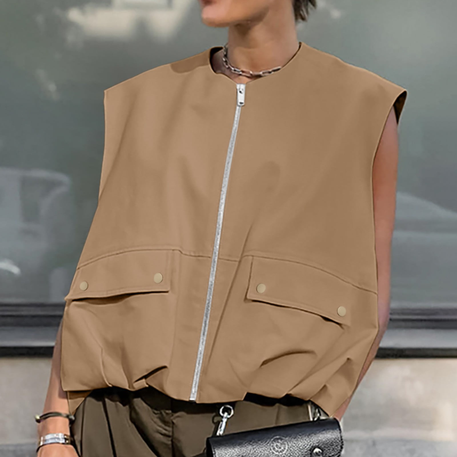 Blouses for Women Dressy Casual Women's Fashion Sleeveless Pocket Wide Songma Solid Color Cardigan Zipper Athletic Wear Women Long Sleeve Casual T Shirt Long Sleeve Tops for Womens Baseball Te Brown S