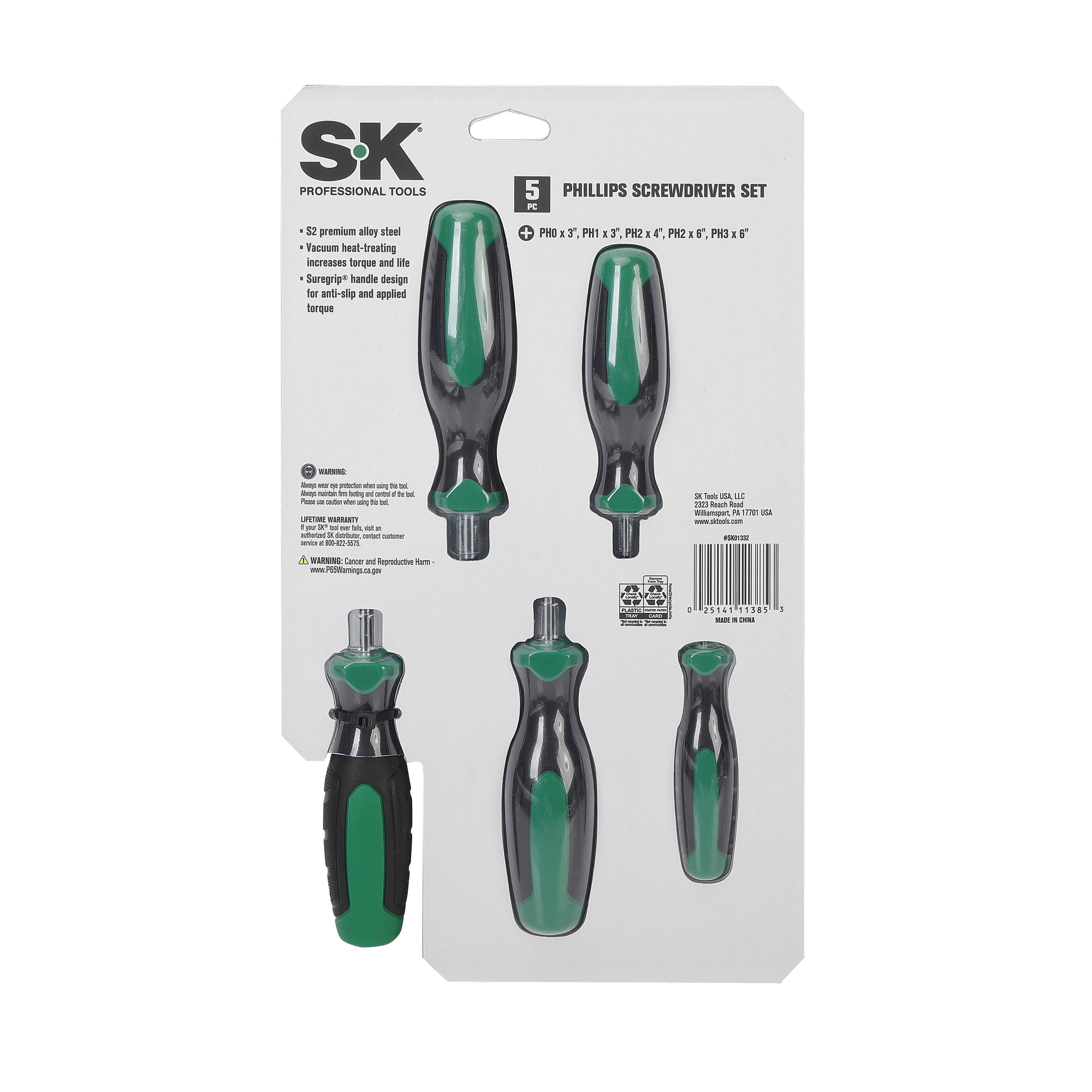 SK Hand Tools SK01332 5 Piece Steel Phillips Screwdriver Set with Comfort Grip Plastic Handle