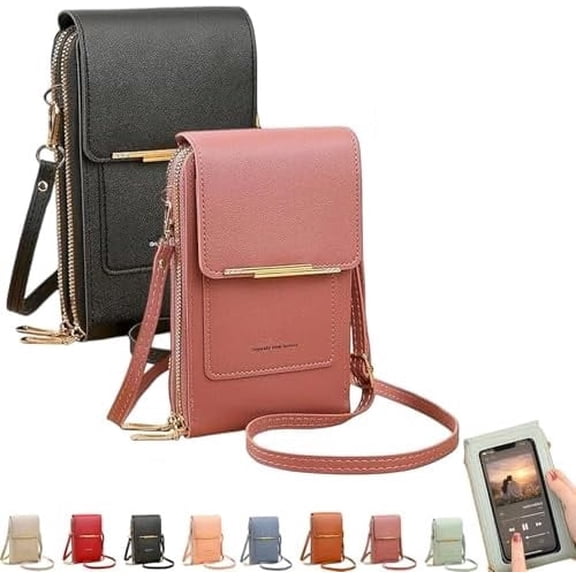 Touch Screen Messenger Bag for Women, RFID Leather Crossbody Wallet Purse, Anti-Theft Phone Shoulder Bag(Black Deep pink)