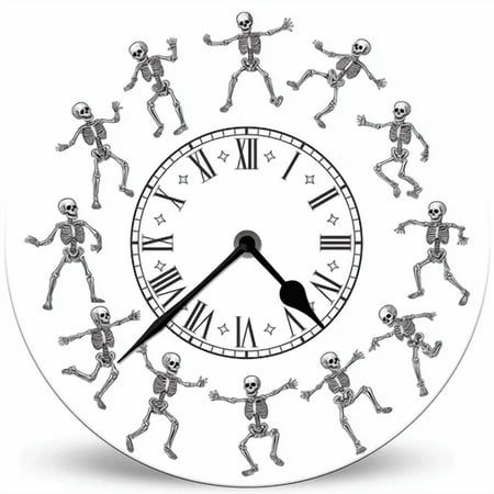 Lucidhisun Funny Rock Skeleton Battery Operated Round Wood Silent Non Ticking Wall Clock 10in, Halloween Decorative Battery Operated Wall Clocks for Living Room, Kitchen, Bathroom, Bedroom