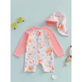 thumbnail image 5 of BemeyourBBs Toddler Baby Girl One Piece Swimsuit Infant Bathing Suit Long Sleeve Floral Rash Guard Half Zipper Swimwear Sunhat Set UPF 50+, 5 of 9