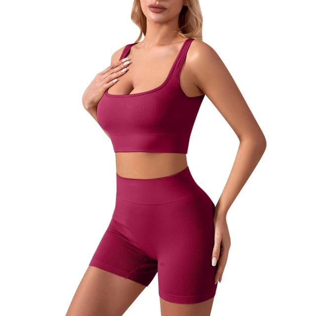 Conjunto de entrenamiento sin costuras de 2 piezas para mujer: pantalones cortos de yoga de cintura alta y camiseta sin mangas, sujetador incorporado, nailon/spandex, S-XL