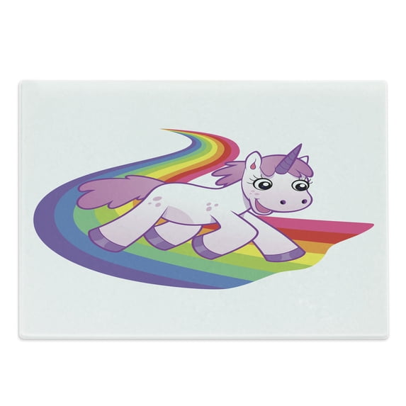 Cartoon Cutting Board, Unicorn Runs on the Rainbow Mythological Fantasy Creature Image, Decorative Tempered Glass Cutting and Serving Board, Large Size, White Lilac, by Ambesonne