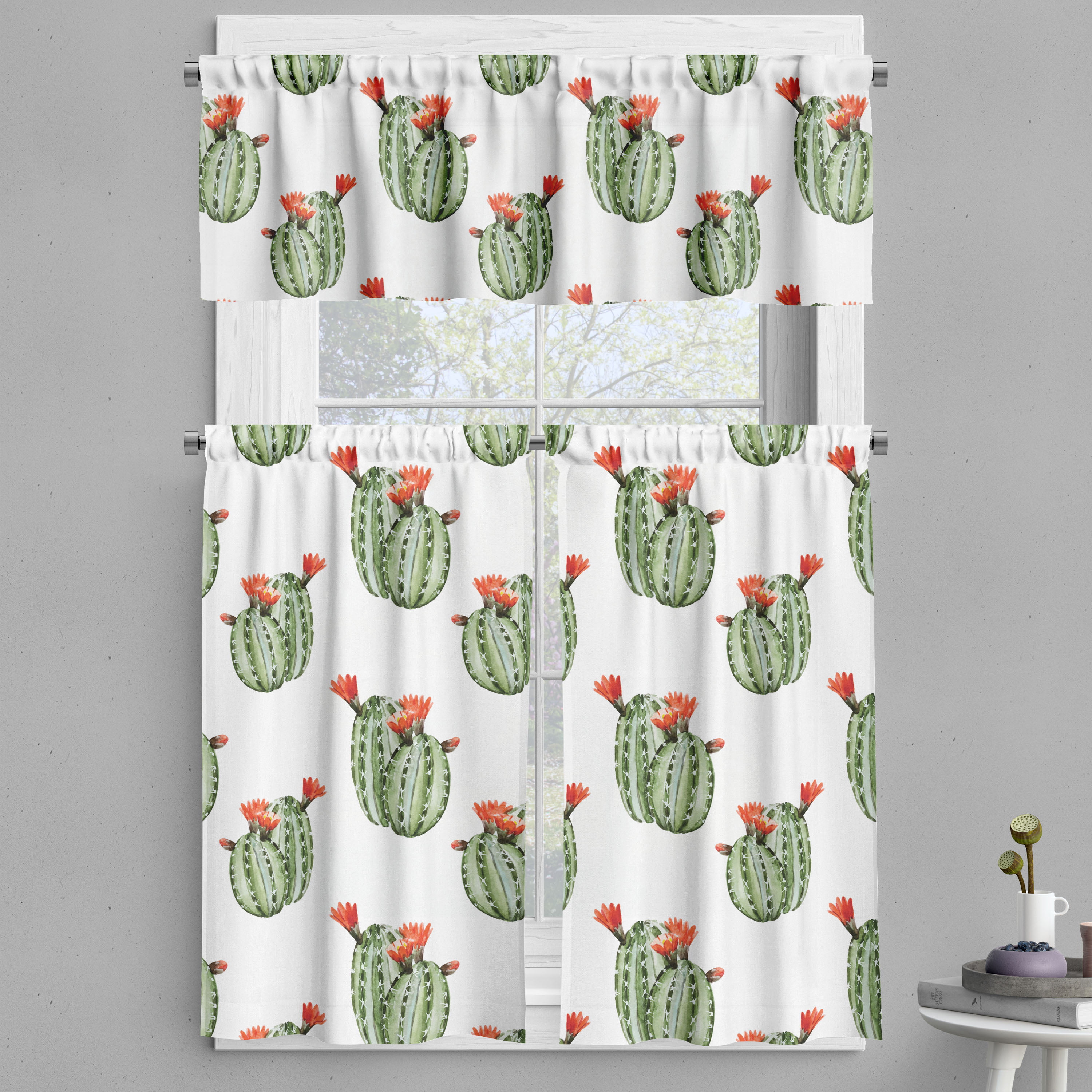 Cactus Valance & Tier Curtain 3 pcs Set, Cacti Spikes and Red Flowers ...
