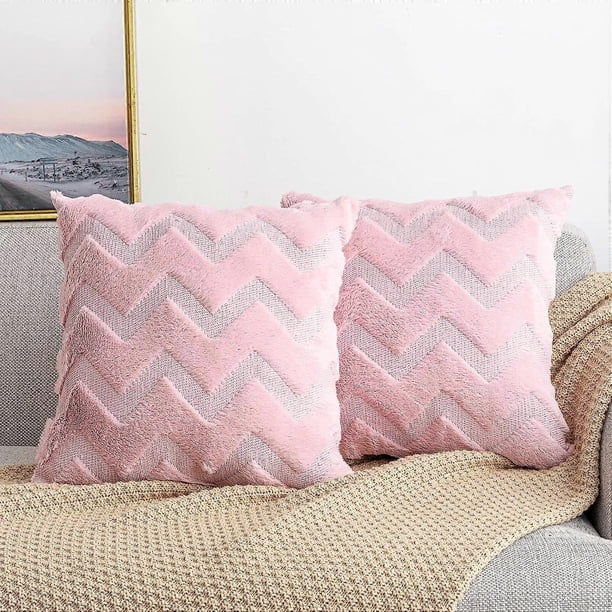 pink Set of 2 Artificial Wool and Velvet Cushion Covers, Soft Plush Decorative Pillow Case with Wave Pattern, 45x45CM
