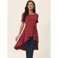 thumbnail image 2 of Unique Bargains Women's High Low Hem Tie Waist Asymmetrical Irregular Hem Blouse L Wine Red, 2 of 6