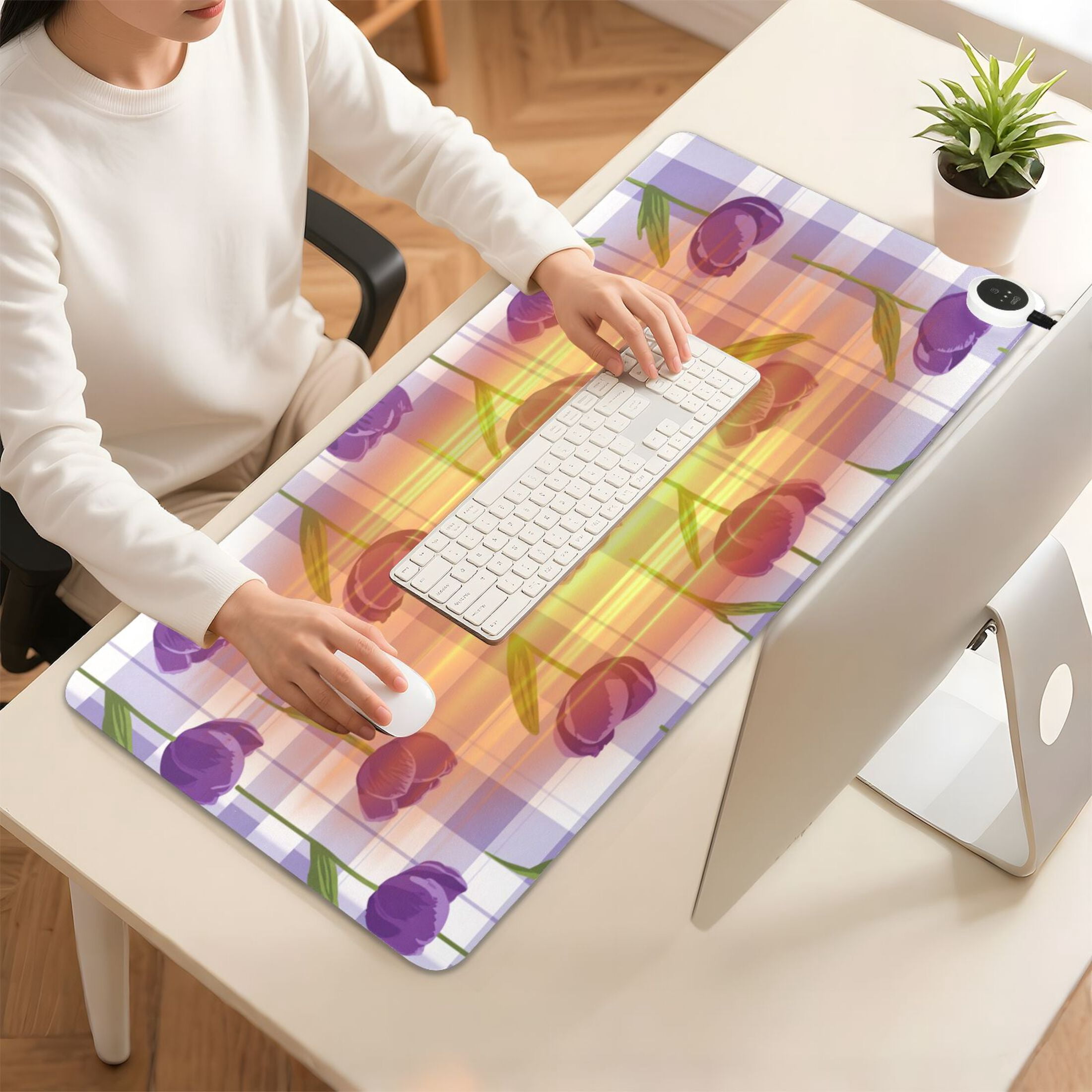 Large Heated Desk Mat Mouse Pad 31.5"x13"PU Leather Graphene Heating Desk Warmer with 3 Temperature Settings 110V US Plug Non-Slip Warm Pad for Home, Office, and Gaming Cute Cartoon Purple Tulips