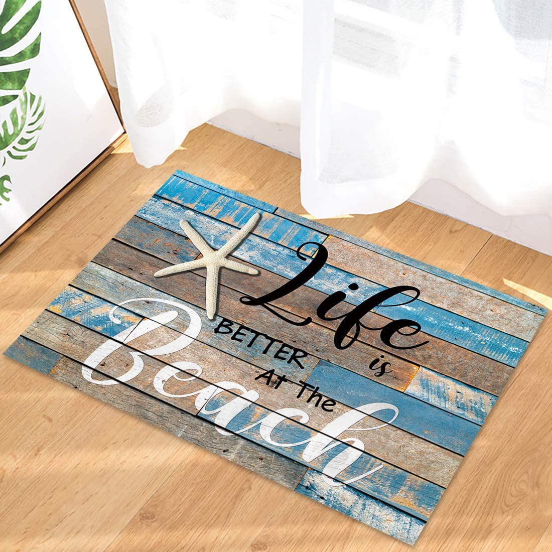 Door Mat 16x24 inch Welcome Mat Front Floor Mats, Non Slip Indoor Carpet/Absorbent Outdoor Shoes Scraper, Life is Better at The Beach Starfish Retro Wood Board Low-Profile Rugs Doormats for Entryway