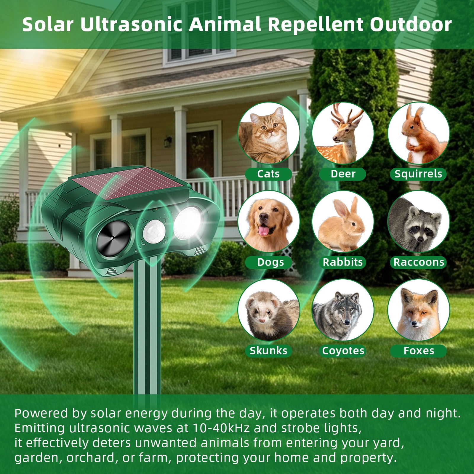 JahyElec 2 Pack Ultrasonic Animal Repeller Outdoor,Cat Repellent Deer Repellent Devices with Strobe Light Solar Animal Deterrent Device for Rabbit Raccoon Dog Squirrel Skunk Repellent for Yard Garden