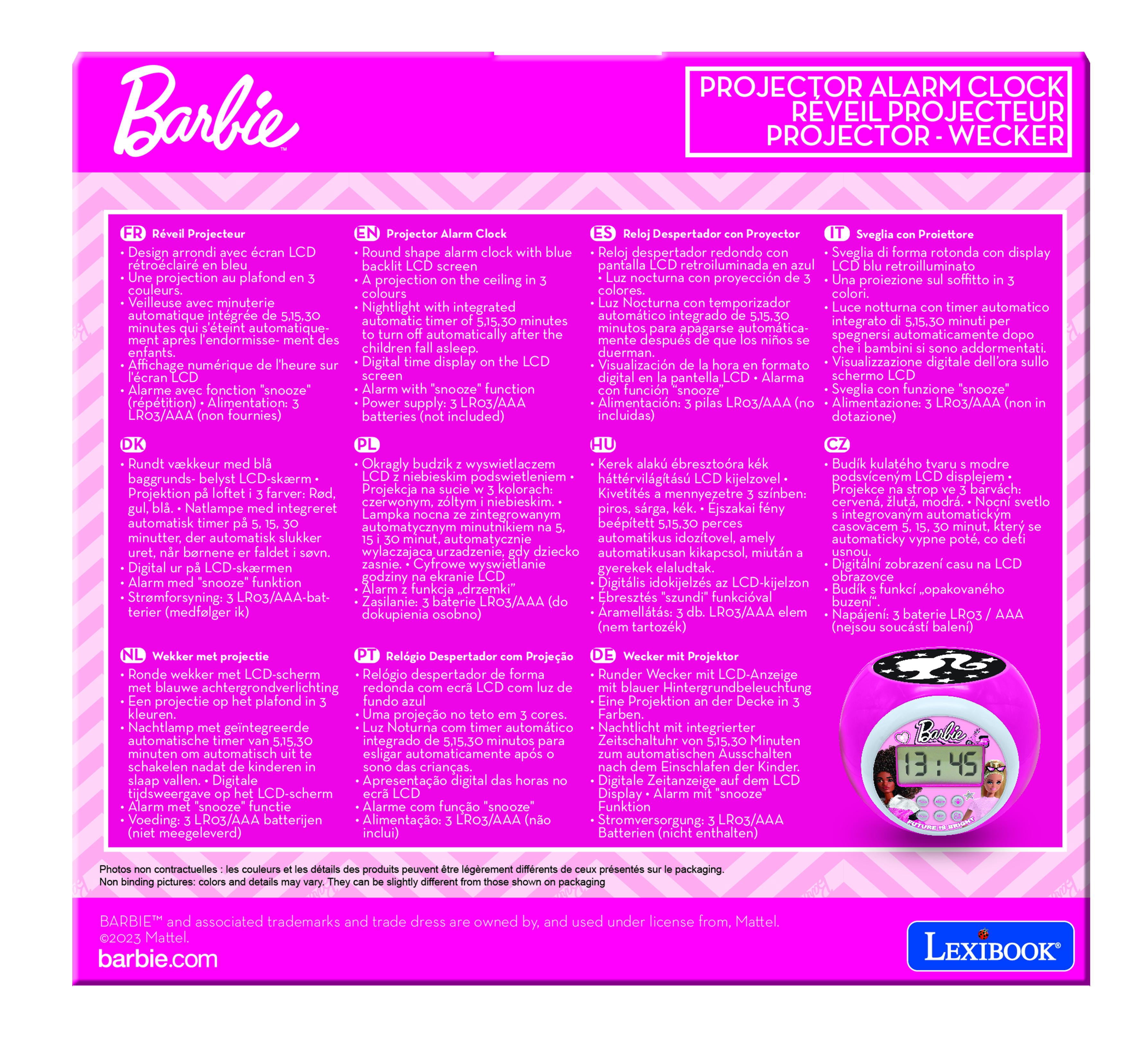 Lexibook, Barbie, Projector Alarm Clock with Alarm and Snooze Function, Night Light with Timer, LCD Screen, Battery Operated