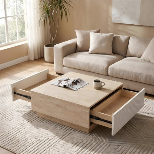 Faux Travertine Coffee Table with 2 Drawers, Modern Beige Stone Look Center Table with Matte Storage for Wabi-Sabi Living Room