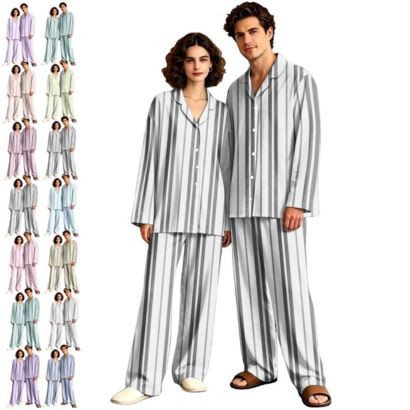 Couple Matching Pajamas Long Sleeve His and Hers Pajamas Sets Sleepwear Striped Button Down Warm 2 Piece Set Loungewear Dark Gray XXXL