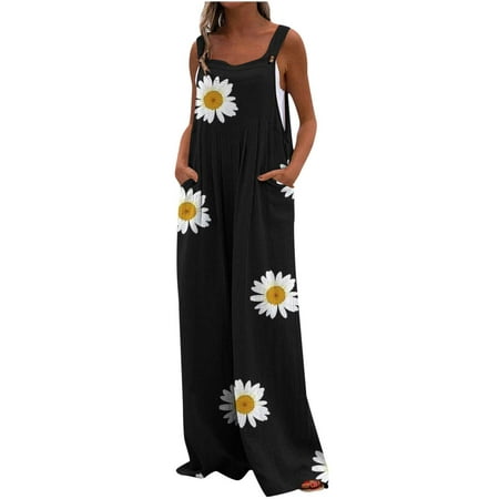 

Overalls Women Bohemian Clothes For Women Loose Fitting Romper Casual Sleeveless Jumpsuits Summer Floral Print Wide Leg Long Pants Jean Jumpsuit