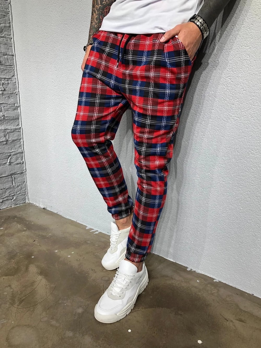 mens red plaid skinny pants