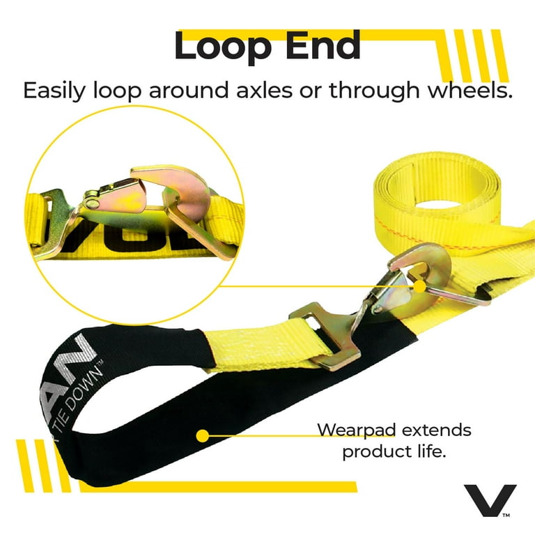 VULCAN Ultimate Axle Tie Down Kit, Yellow, (2) 22 inch Axle Straps, (2) 36  inch Axle Straps, (2) 96 inch Snap Hook Ratchet Straps, and (2) 112 inch