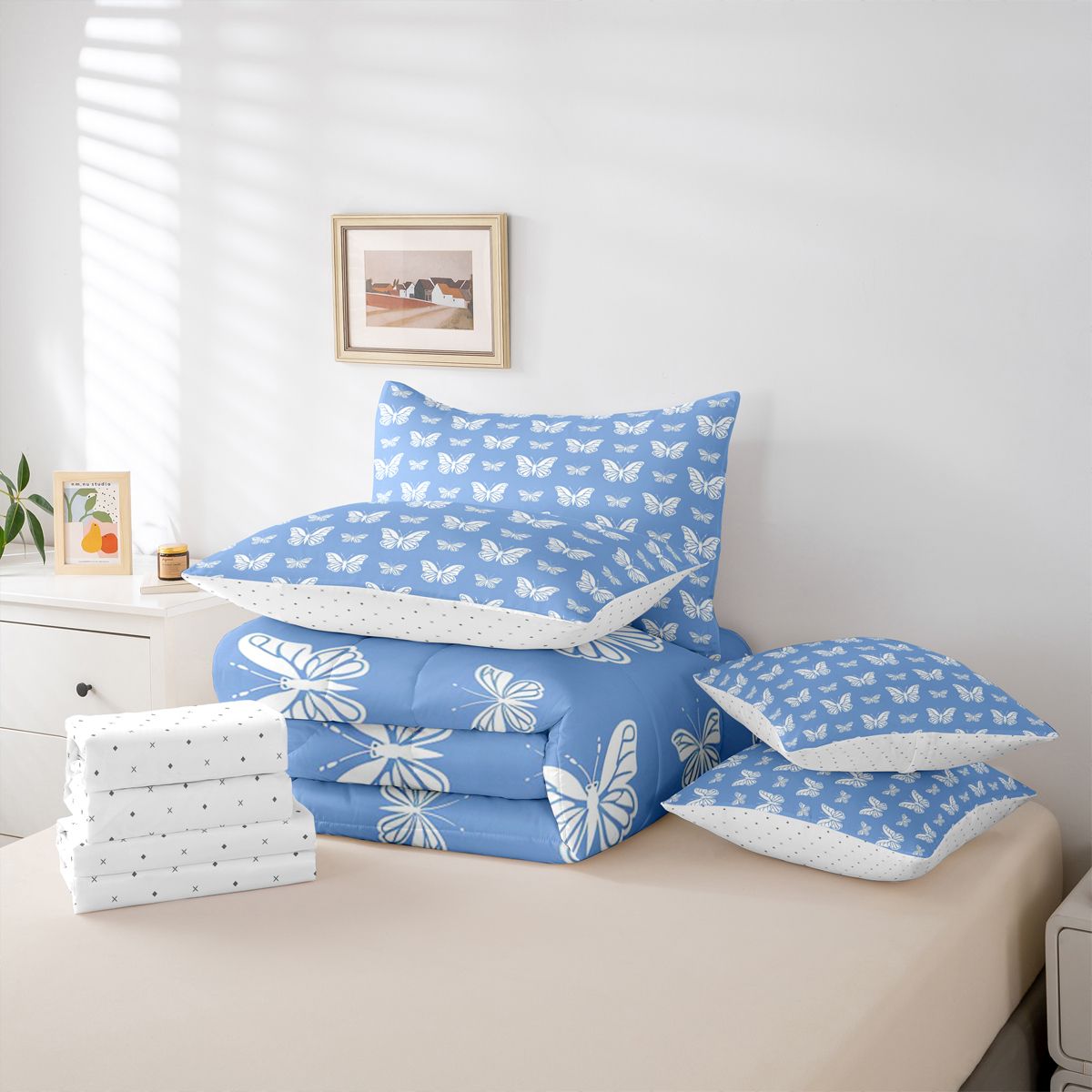 Homewish Gradient Colorful Butterfly 7-Piece Bedding Comforter Set,Flying Animal King Bedding Sets,Blue White Bed Sheets For Girls,Microfiber Bedroom Decor Reversible