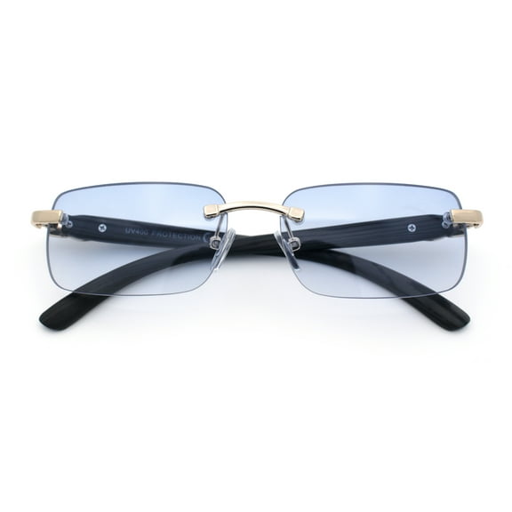 Rimless Luxury Narrow Rectangle Woodbuff Arm Fashion Sunglasses Gold Black - Blue