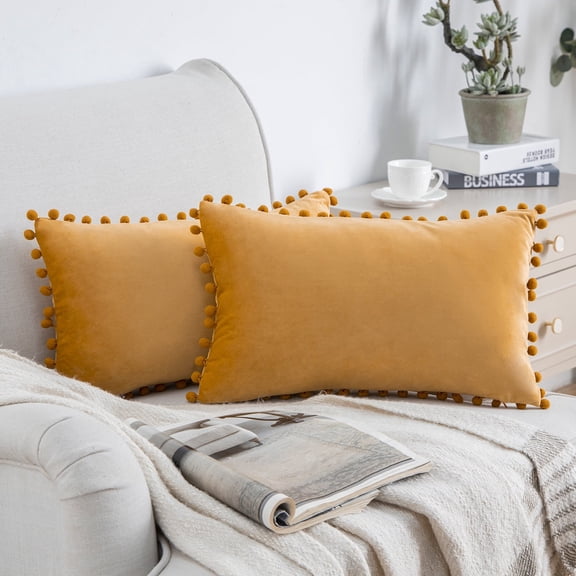 Holiday Deal Selection Phantoscope Silky Velvet Pom Pom Decorative Throw Pillow Cover for Bed and Couch, 12" x 20", Orange, 2 Pack
