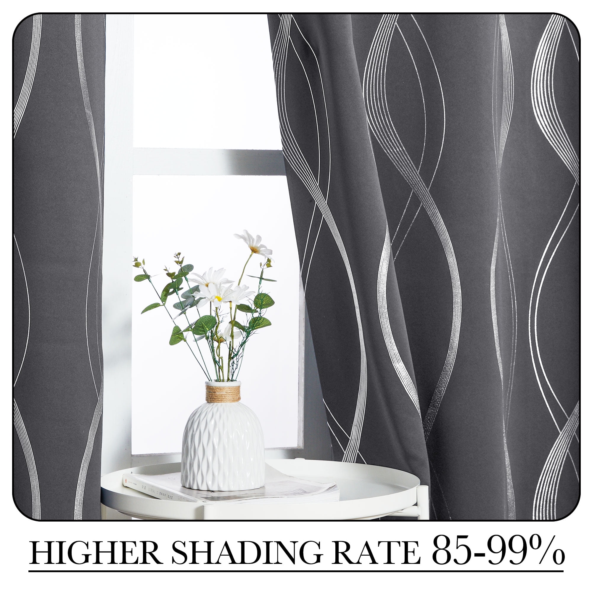 NICETOWN Living Room Curtains Blackout Length Wave Line Foil Print Grommet Room Darkening Curtains Thermal Insulated Bedroom Curtains, Gray, 42x84 inch, 2 Panels