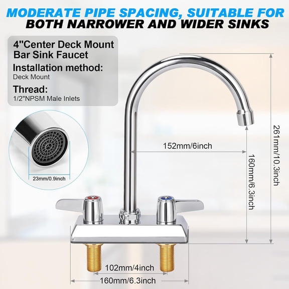 Commercial Bar Sink Faucet, 4 Inch Center Deck Mount Utility Sink Faucet, 2 Hole Brass Constructed, Chrome Polished with 6" Gooseneck Spout and 90 °   Rotatable Dual Lever Handles