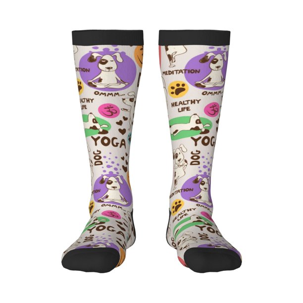 Fotbe Dog Doing Yoga Calcetas Divertidas Estampadas para Hombre y Mujer, Calcetas de Algodón hasta la Rodilla para Caminar, Correr, Enfermería y Embarazo