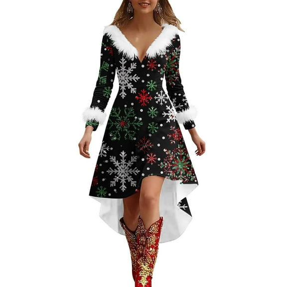 Oksale Snowflake Graphic Christmas Dress for Women Elegant Deep V Neck Party Dresses Plus Size High Low Dress Cozy Plush Collar Long Sleeve Holiday Dresses Black S