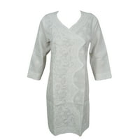 Mogul Women's Cotton White Tunic Dress Floral Embroidered 3/4 Sleeves Boho Chic Ethnic Long Dresses Kurta S