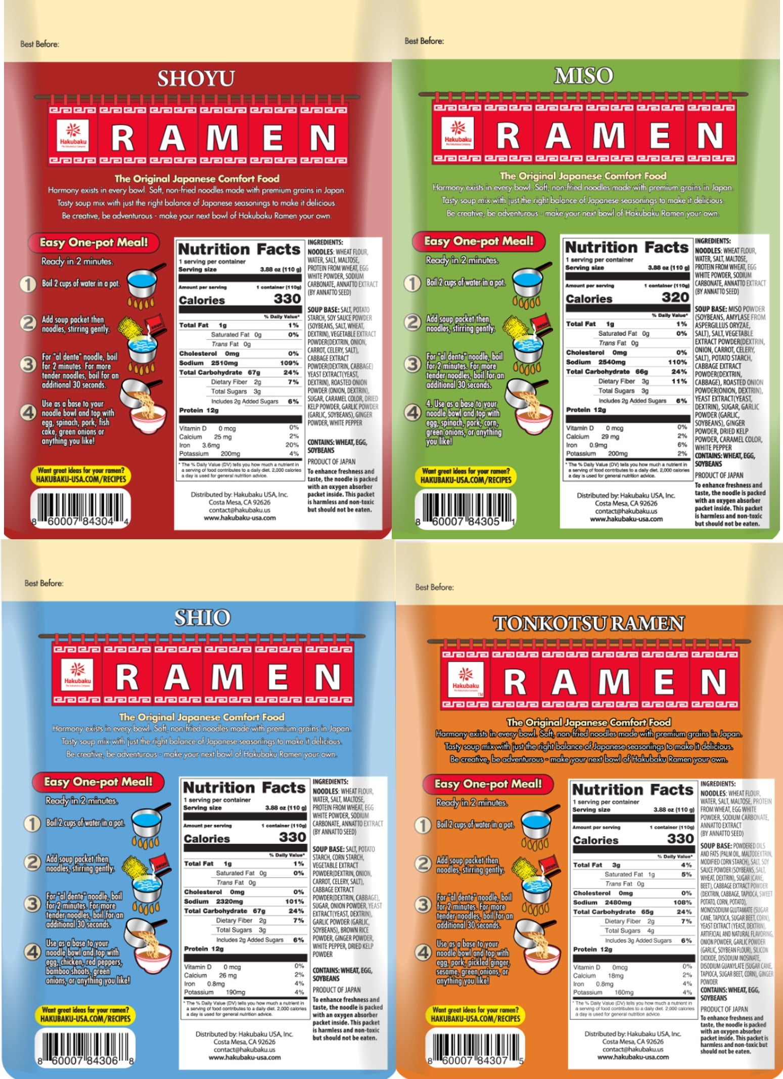 Hakubaku Authentic Japanese Ramen Noodles Variety Pack, 8 Pouches Shio, Shoyu, Tonkotsu, Miso