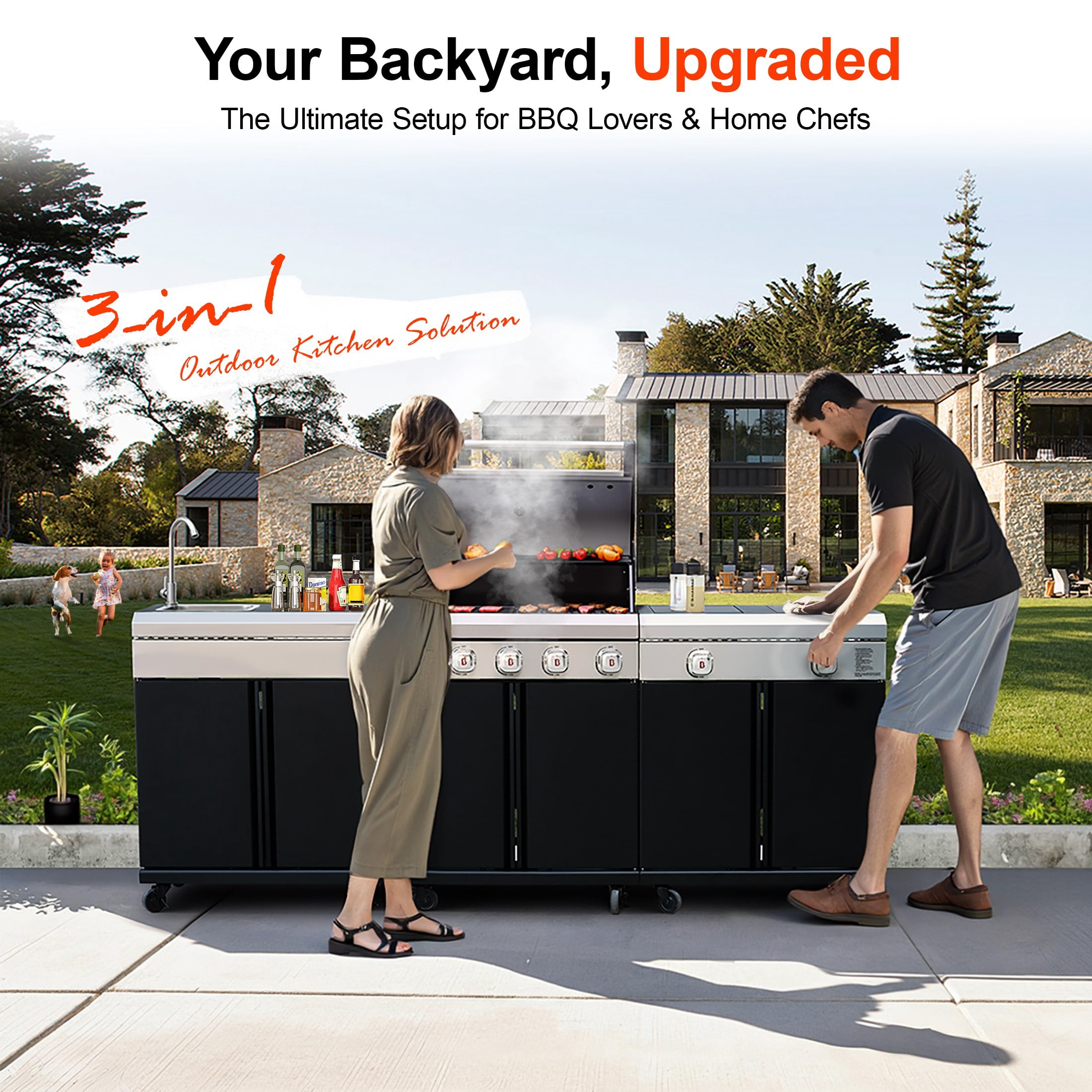 Brand-Man Outdoor Modular Island Kitchen Grill Gas Grill, 76,000 BTU 5 Burner Stainless Steel Burner and 2 Infrared Side Stove with Sink Station