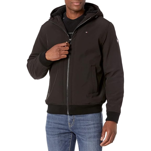 Tommy Hilfiger Men's Soft Shell Active Filled Bomber Jacket, Black Sherpa Lined w. Patch, Large