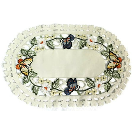 Doily Boutique Place Mat or Doily with Multi-Color Butterfly on Ivory Fabric, Size 17 x 11 (Best Place To Sell Fabric)